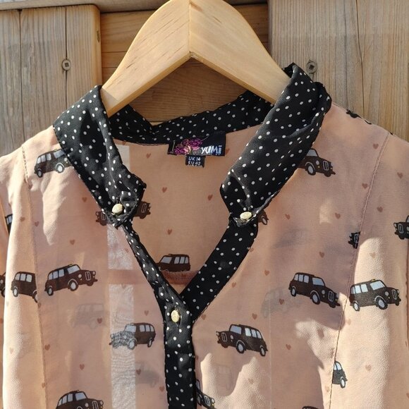 FUN MODCLOTH YUMI Vintage Police Car Hearts Blouse Polka Dot Size 8/10 - Picture 3 of 7